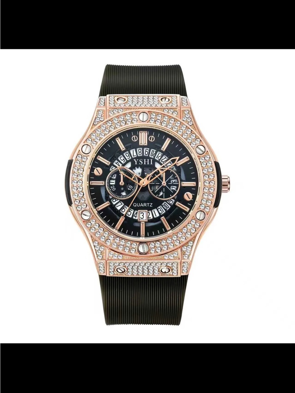 Black and Rose Gold Crystal Accent Men's Watch